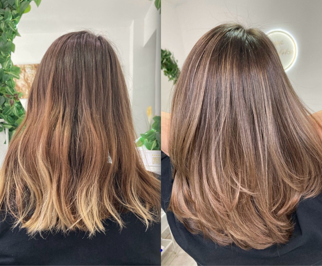 Atelje Glossy Hair #beograd Keratinski tretmani Pramenovi / balayage + Glossy tretman + feniranje - srednja dužina kose