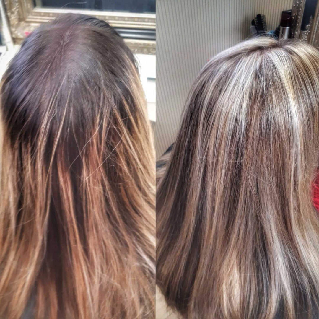Bibi beauty centar #beograd Pramenovi Pramenovi na foliju u 1 / 2 boje / blanšem + preliv - kosa srednje dužine