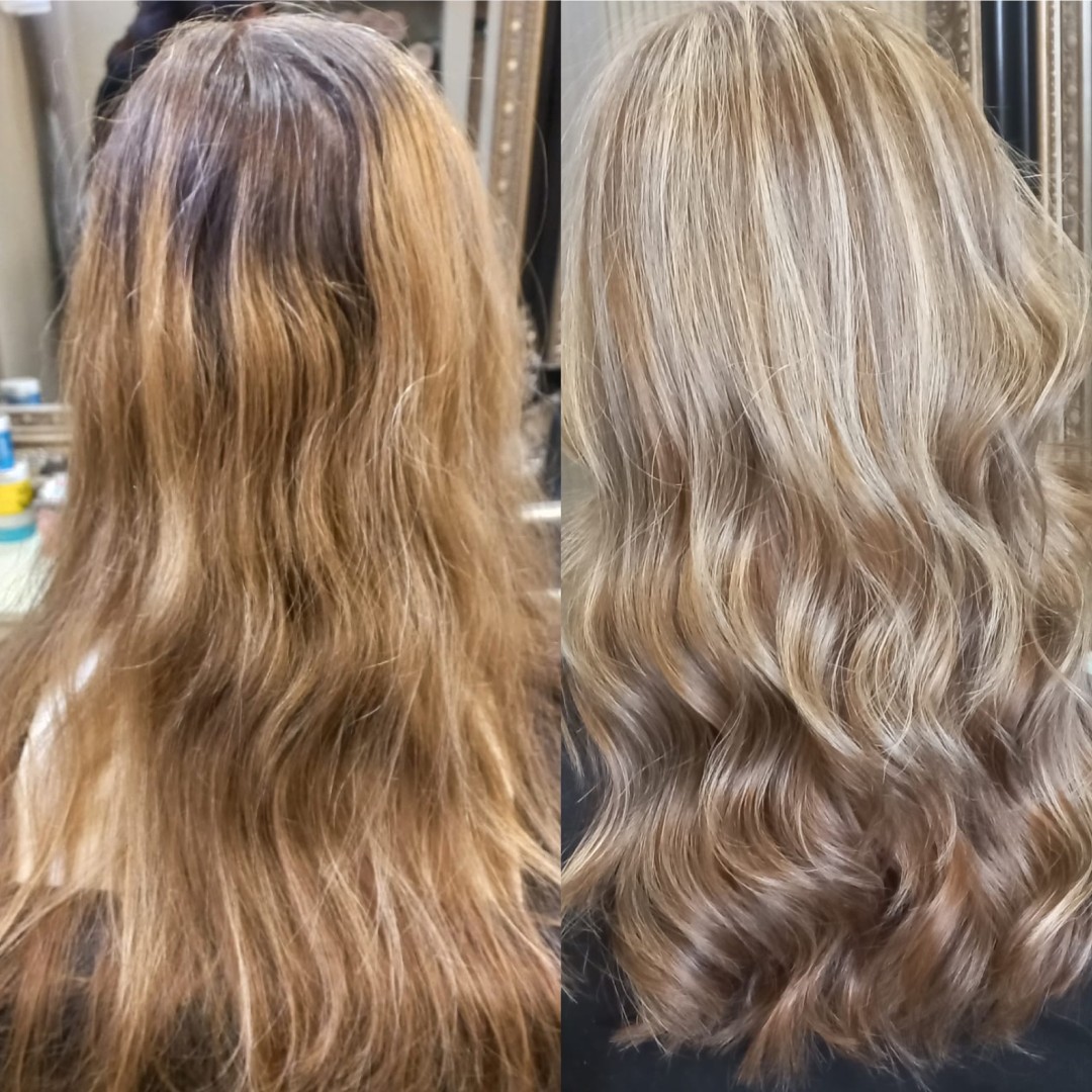 Bibi beauty centar #beograd Pramenovi Pramenovi na foliju u 1 / 2 boje / blanšem + preliv - kosa srednje dužine