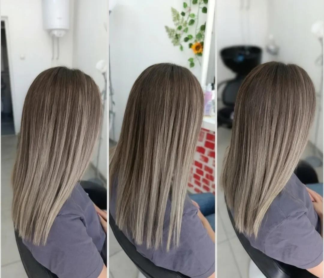 Balayage ili Farbanje izrastka + pramenovi blanšom + preliv - kosa srednje dužine - Travijata Donna, Novi Sad Farbanje kose Frizerski saloni Farbanje kose, Novi Sad, Grbavica, Liman, Adamićevo naselje