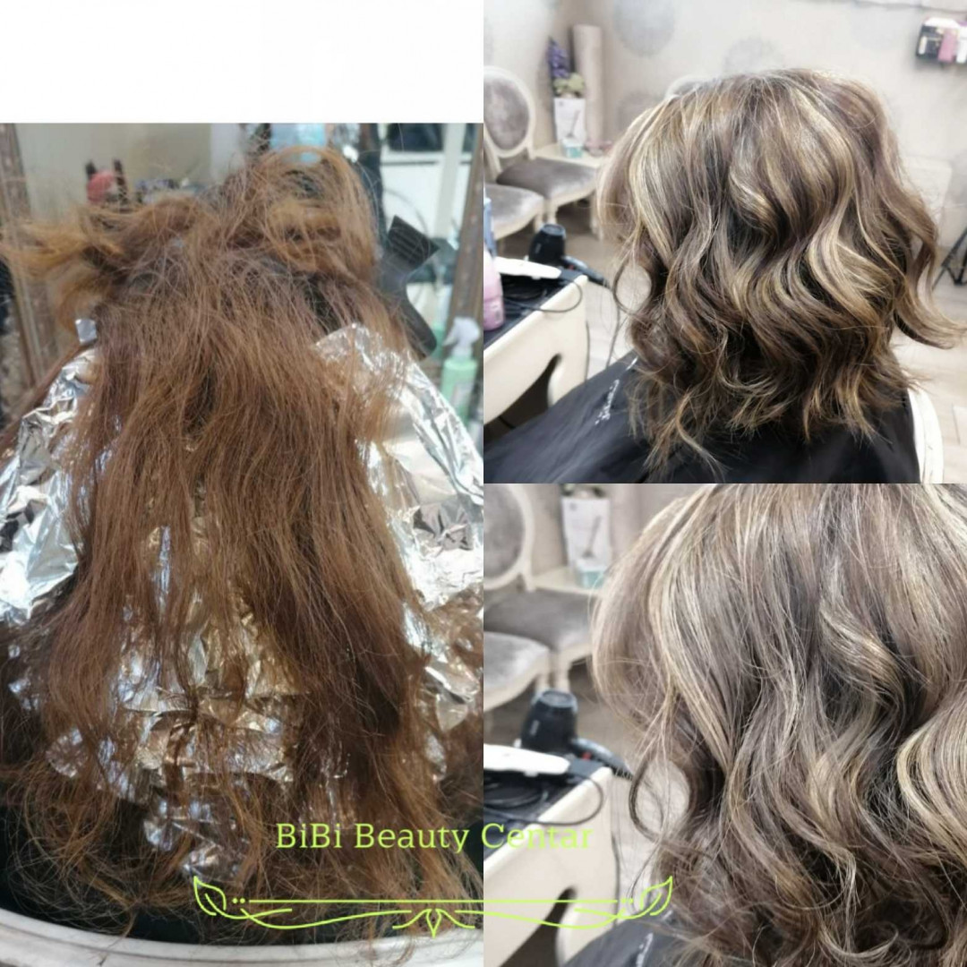 Bibi beauty centar #beograd Pramenovi Pramenovi na foliju u 1 / 2 boje / blanšem + preliv - kosa srednje dužine