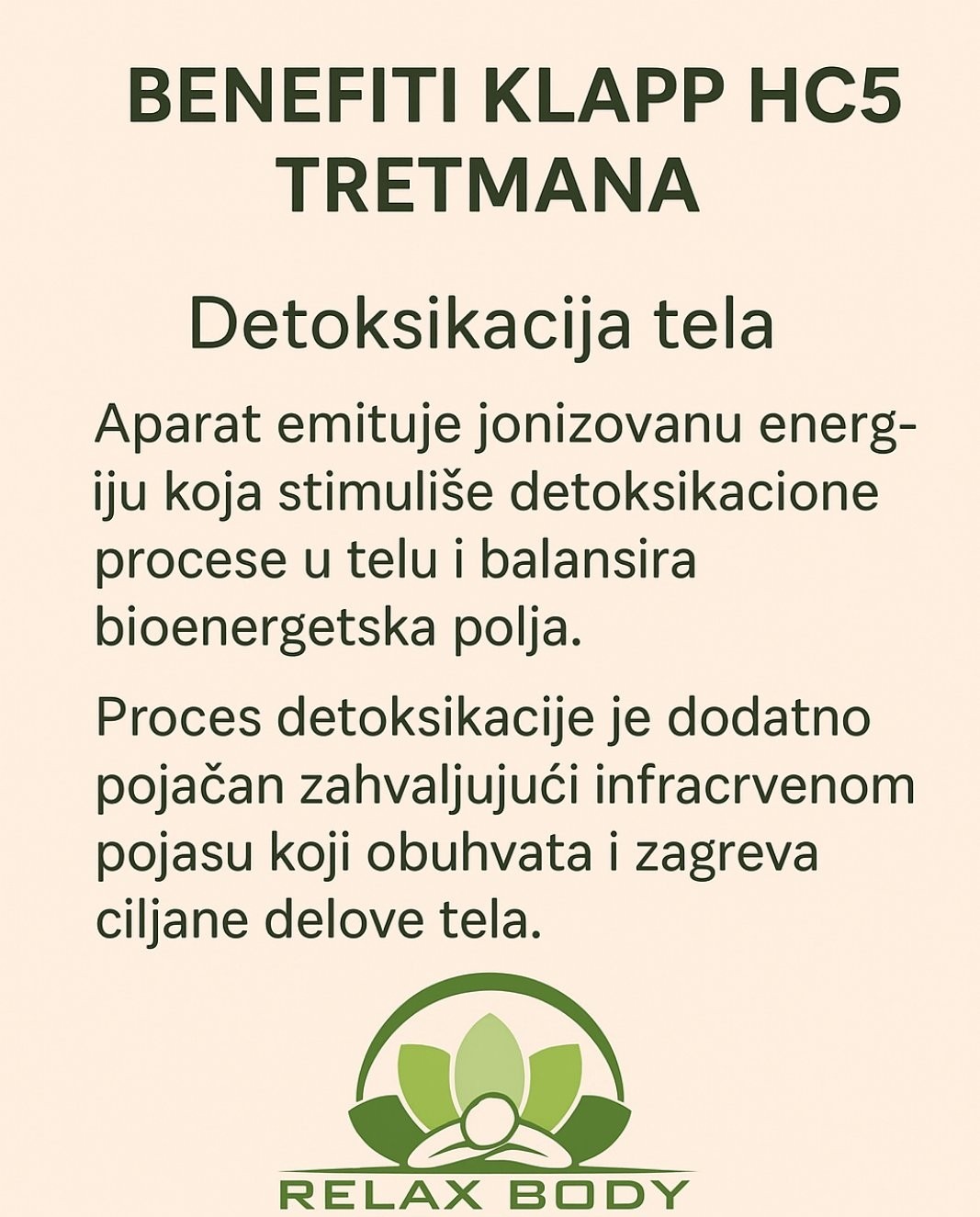 Relax body centar #zajecar Tretmani tela Klapp HC5 nemački jonizator - 10 tretmana