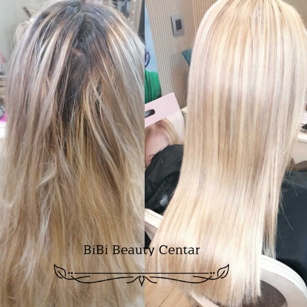 Bibi beauty centar #beograd Pramenovi Pramenovi na foliju u 1 / 2 boje / blanšem + preliv - kosa srednje dužine