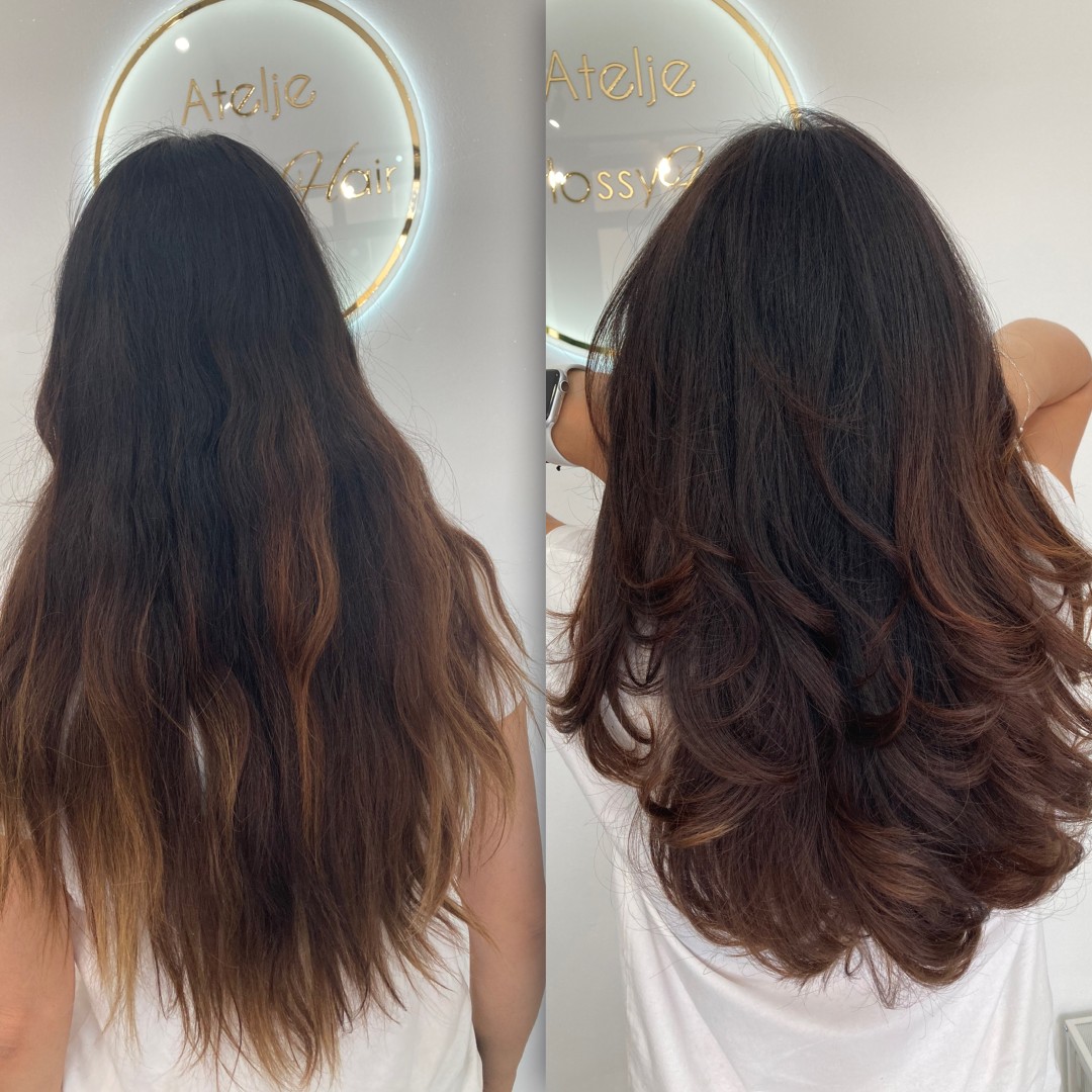 Atelje Glossy Hair #beograd Feniranje i stilizovanje Glossy paket - Žensko šišanje + feniranje + ampula - kratka / kosa srednje dužine