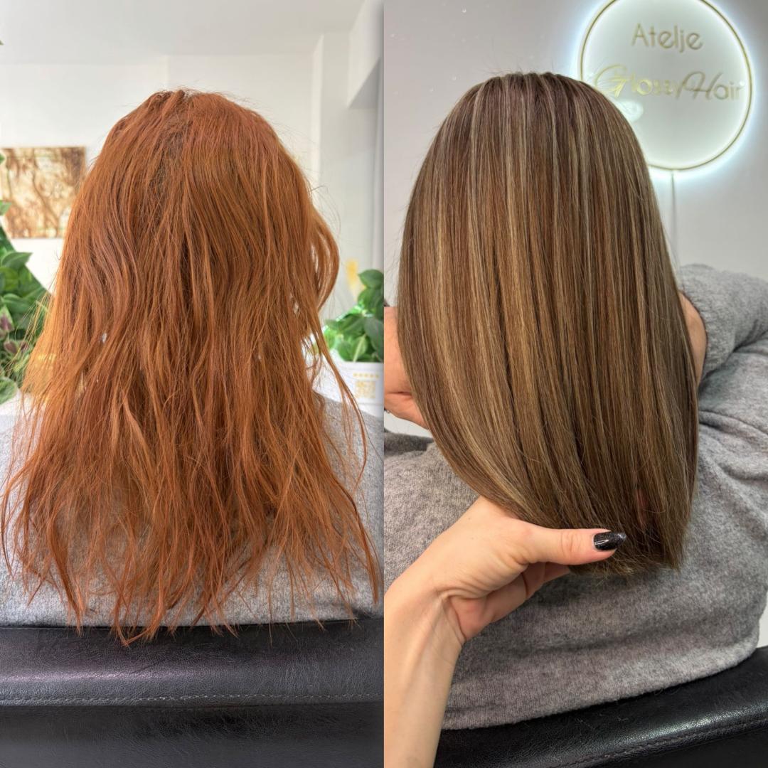 Atelje Glossy Hair #beograd Keratinski tretmani Pramenovi / balayage + Glossy tretman + feniranje - srednja dužina kose