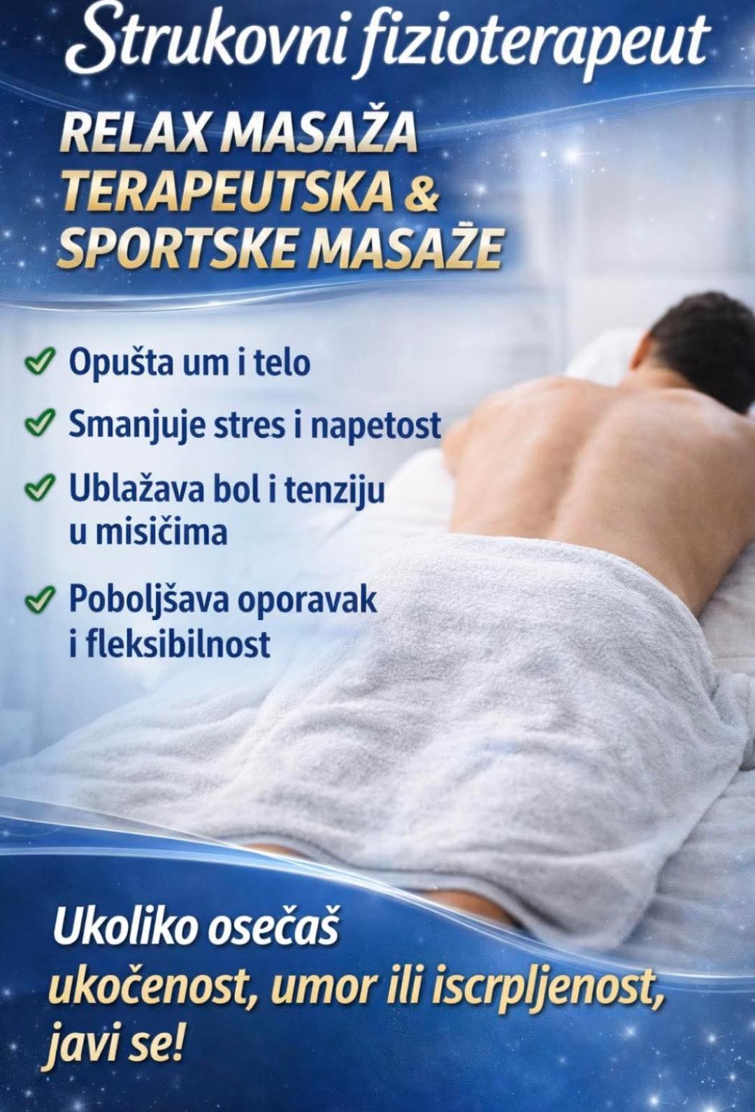 Relax masaža - celo telo - 60 minuta - Astradas 2, Beograd Masaža za opuštanje / relax / antistres Masaža Masaža za opuštanje / relax / antistres, Beograd, Novi Beograd blokovi, Belville, Savski kej