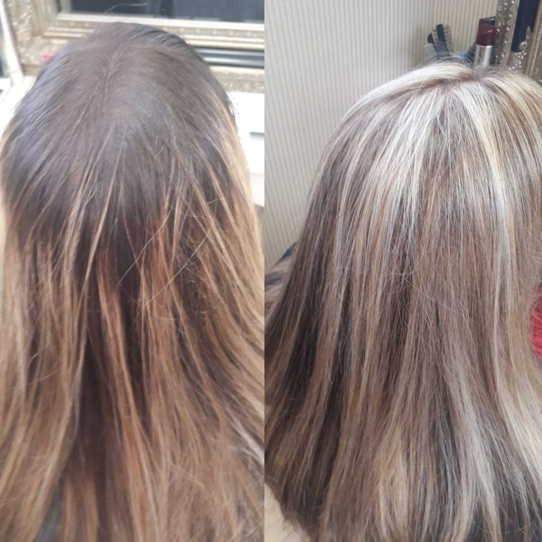 Bibi beauty centar #beograd Pramenovi Pramenovi na foliju u 1 / 2 boje / blanšem + preliv - kosa srednje dužine