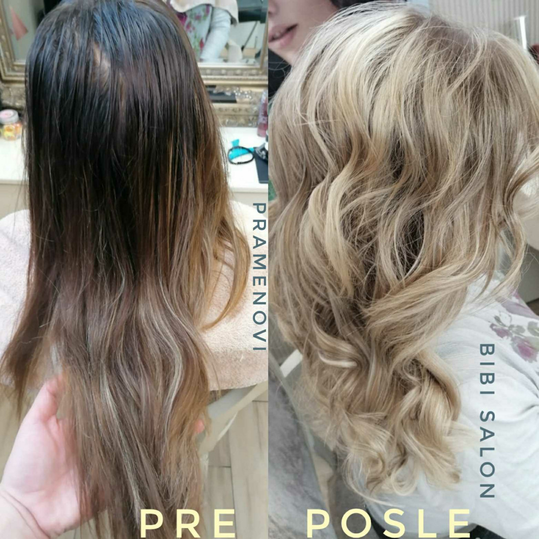 Bibi beauty centar #beograd Pramenovi Pramenovi na foliju u 1 / 2 boje / blanšem + olaplex+ preliv - duga kosa