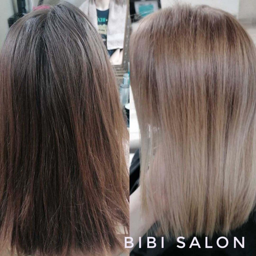 Bibi beauty centar #beograd Pramenovi Pramenovi na foliju u 1 / 2 boje / blanšem + preliv - kosa srednje dužine