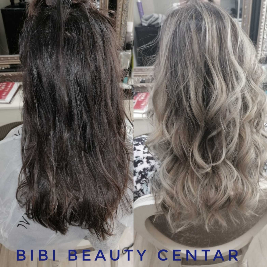 Bibi beauty centar #beograd Pramenovi Pramenovi na foliju u 1 / 2 boje / blanšem + preliv - kosa srednje dužine