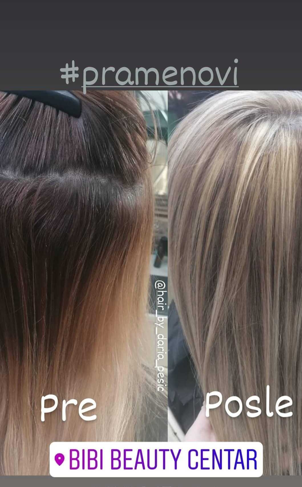 Bibi beauty centar #beograd Pramenovi Pramenovi na foliju u 1 / 2 boje / blanšem + preliv - kosa srednje dužine