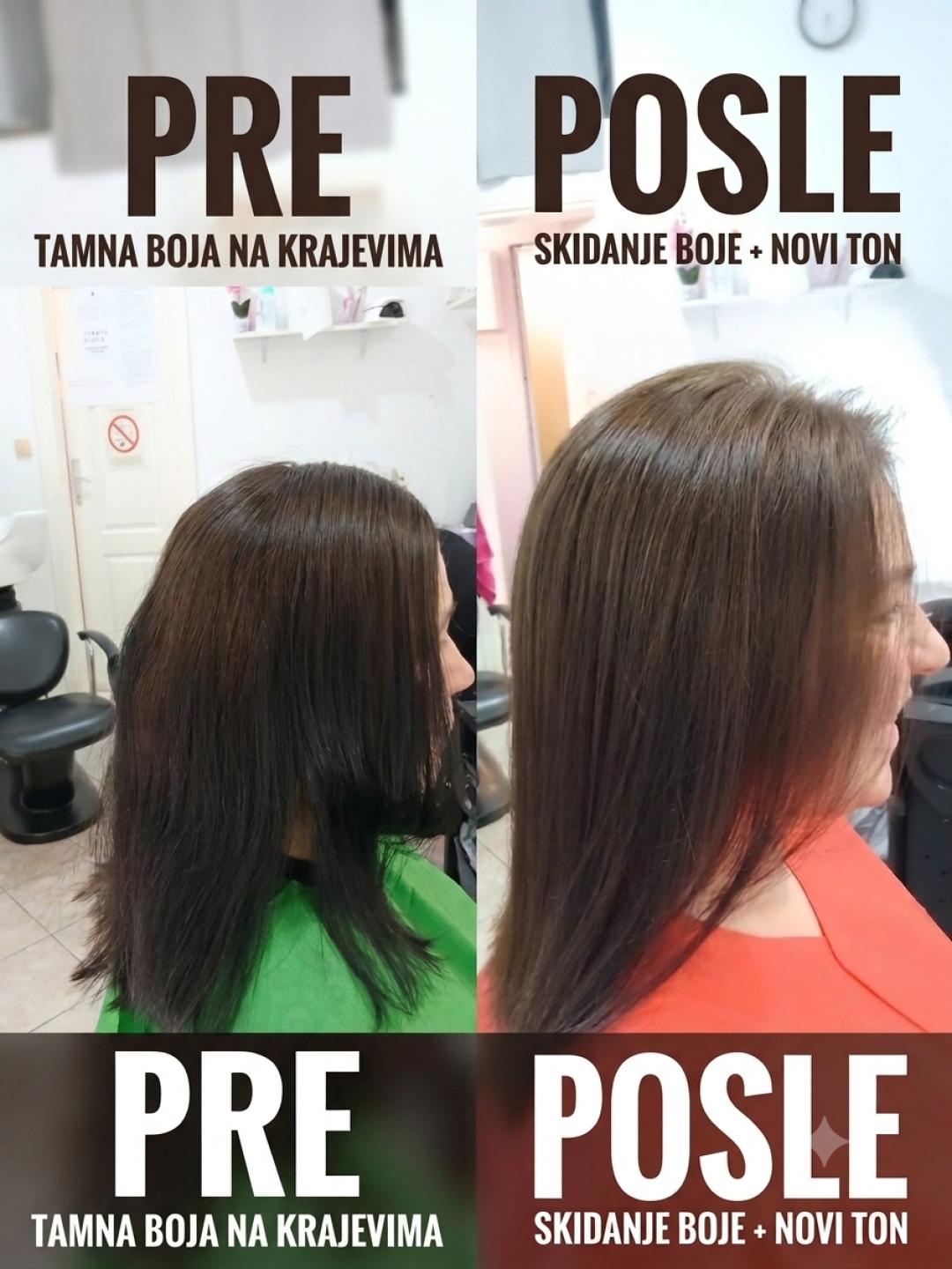 Skidanje boje + farbanje cele dužine + feniranje - kosa srednje dužine - Studio Ceca, Novi Sad Blajhanje kose Frizerski saloni Blajhanje kose, Novi Sad, Sajmište, Detelinara, Banatić