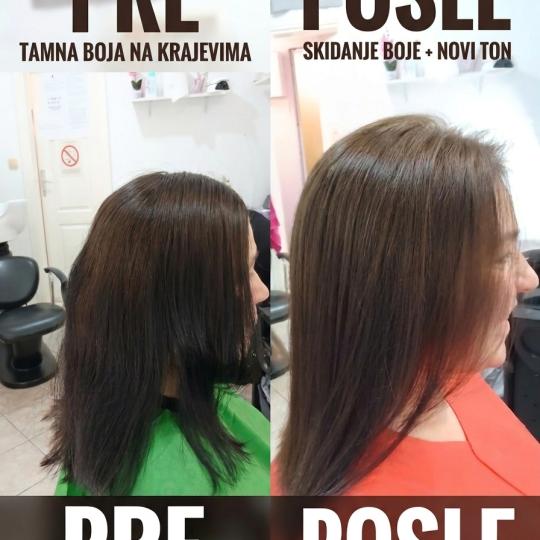 Studio Ceca #novisad Blajhanje kose Skidanje boje + farbanje cele dužine + feniranje - kosa srednje
