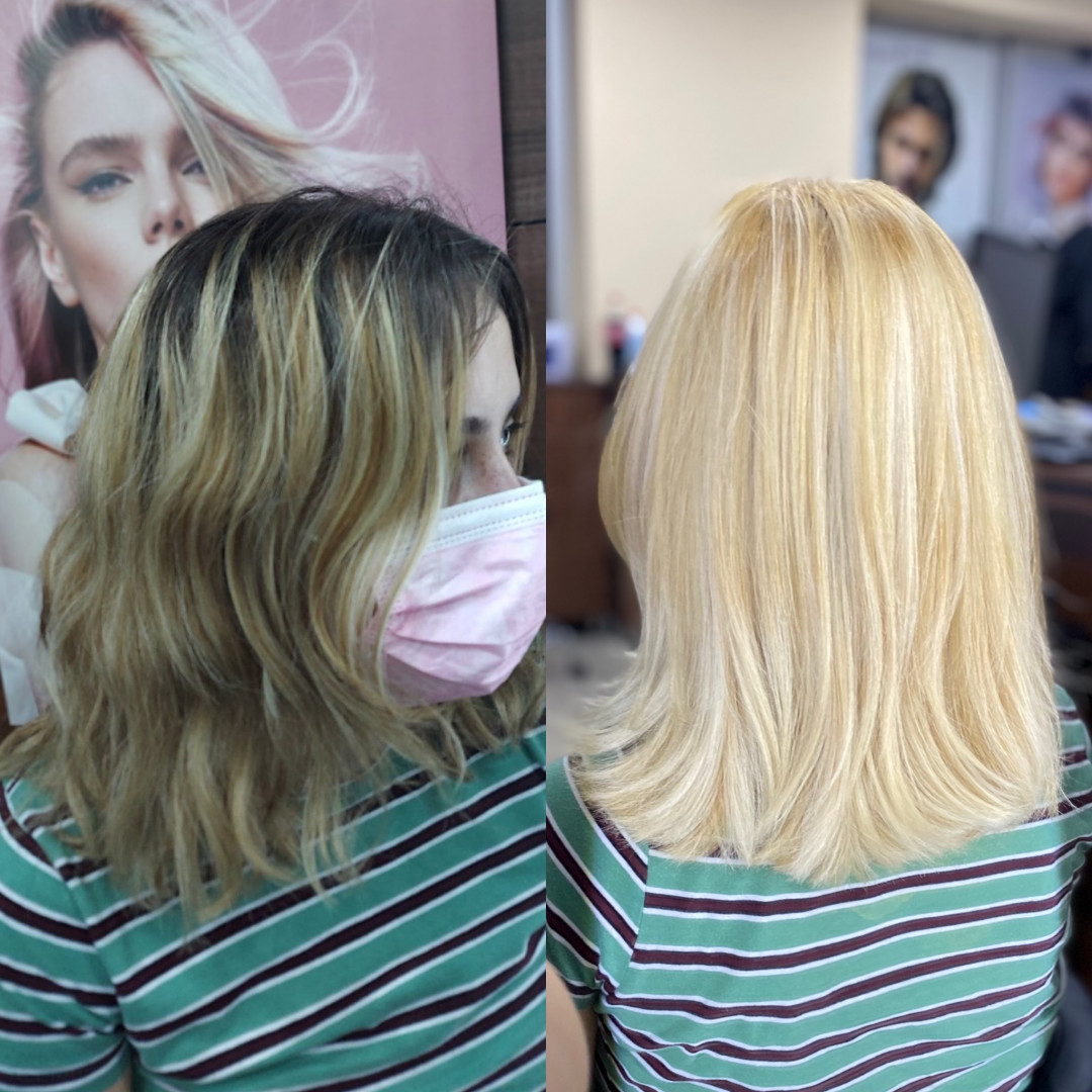 Beauty Centar 2313 #beograd Blajhanje kose Skidanje boje + farbanje + tretman + feniranje - kratka kosa / kosa srednje dužine